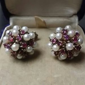 Vintage 10k Ruby Pearl Cluster Earrings